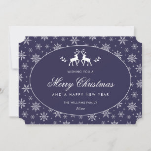 Modern Snowflake Blue White Reindeer Holiday Card