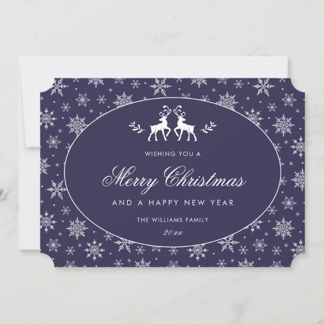 Modern Snowflake Blue White Reindeer Holiday Card (Front)