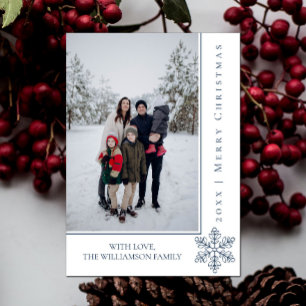 Modern Snowflake Christmas Photo Card Blue