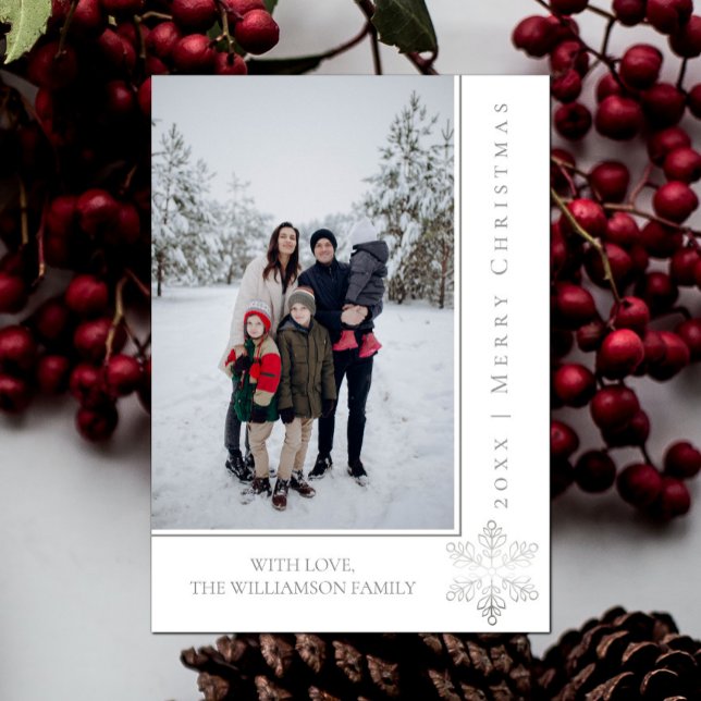 Modern Snowflake Christmas Photo Card | Silver (Silver Modern Snowflake Christmas Photo Card)