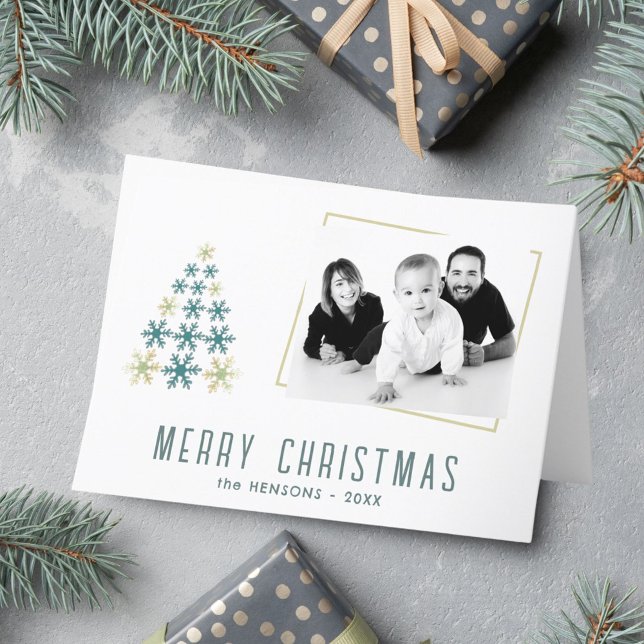 Modern Snowflake Christmas Tree Family Photo  Holiday Card (Creator Uploaded)