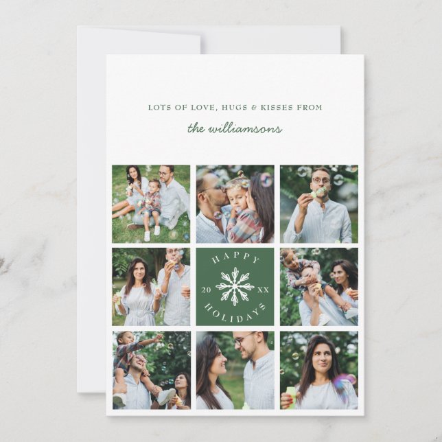 Modern Snowflake Eight Photo Collage Grid Photo Holiday Card (Front)
