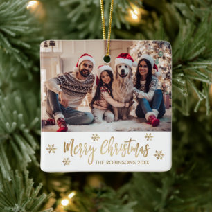 Modern Snowflake Gold and White Photo Christmas Ceramic Ornament