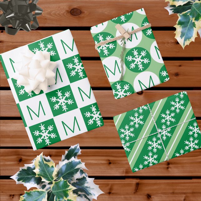 Modern Snowflake Green And White Add Monogram Wrapping Paper Sheet (Creator Uploaded)