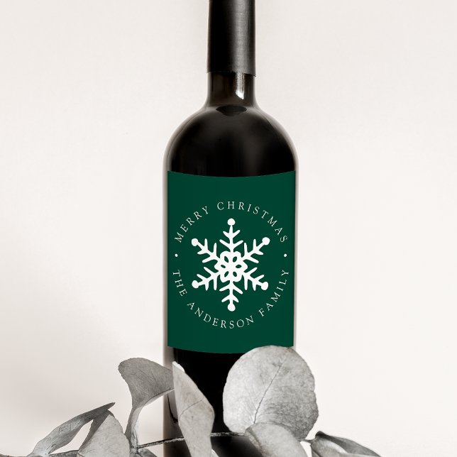 Modern Snowflake Green Holiday Wine Label (Creator Uploaded)