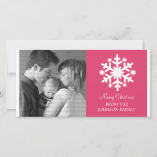 Modern Snowflake Holiday Photo Card, Pink Card