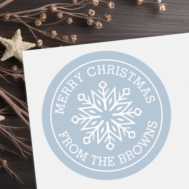 Modern snowflake name dusty blue Merry Christmas Classic Round Sticker (Modern snowflake name dusty blue Merry Christmas Classic Round Sticker)