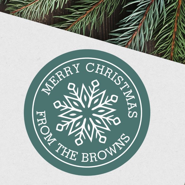 Modern snowflake name pine green Merry Christmas Classic Round Sticker (Modern snowflake name pine green Merry Christmas Classic Round Sticker)