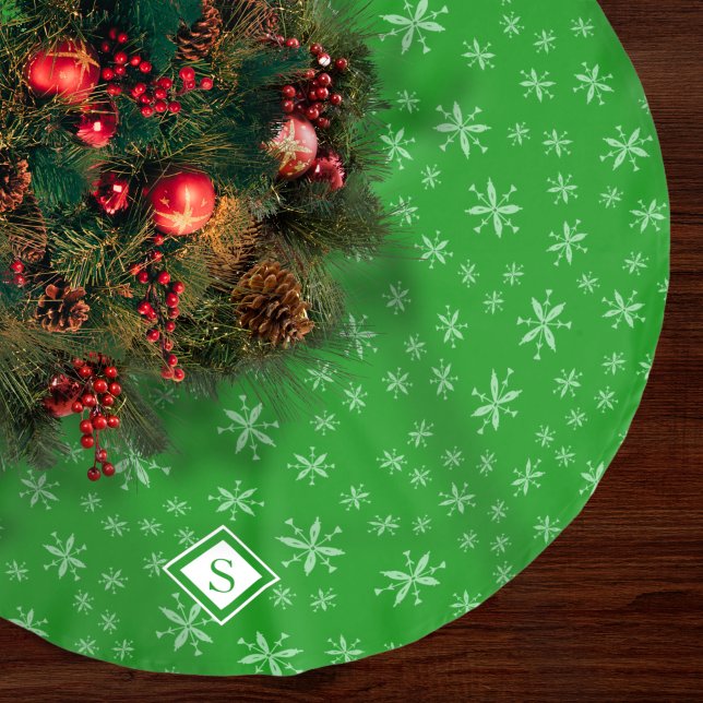 Modern Snowflake Pattern Monogram Green Christmas Brushed Polyester Tree Skirt (Creator Uploaded)