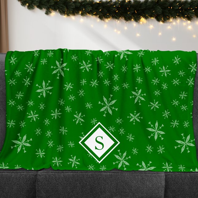 Modern Snowflake Pattern on Green Monogrammed Fleece Blanket (Creator Uploaded)