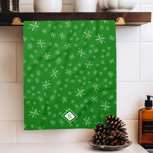 Modern Snowflake Pattern on Green Monogrammed Tea Towel