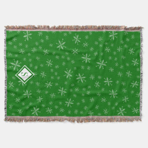 Modern Snowflake Pattern on Green Monogrammed Throw Blanket