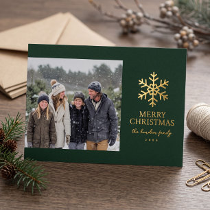 Modern Snowflake Photo Christmas Foil Green Holiday Card