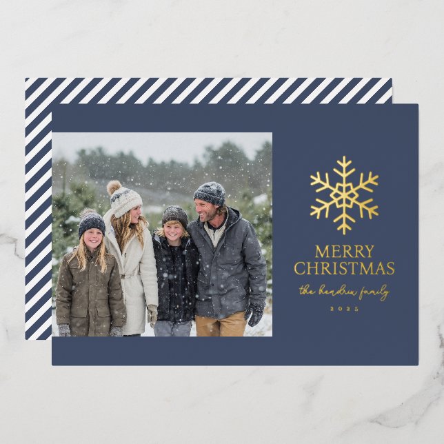 Modern Snowflake Photo Christmas Foil Holiday Card (Front/Back)