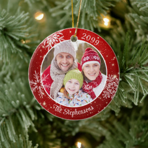 Modern Snowflake Photo Red White Personalized Ceramic Tree Decoration