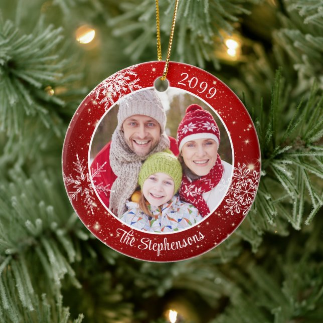 Modern Snowflake Photo Red White Personalized Ceramic Tree Decoration (Tree)