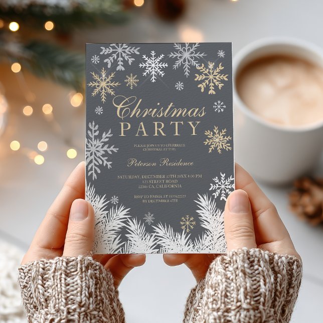 Modern snowflake pine grey winter Christmas party Invitation (Modern snowflake pine gray winter Christmas party Invitation)