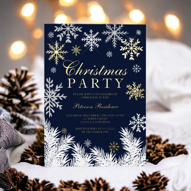 Modern snowflake pine navy winter Christmas party (Creator Uploaded)