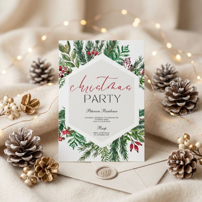 Modern snowflake pine navy winter Christmas party Invitation (Creator Uploaded)