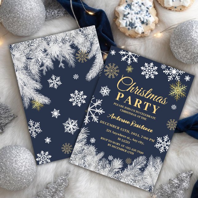 Modern snowflake pine navy winter Christmas party Invitation (Creator Uploaded)