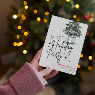 Modern snowflake pine navy winter Christmas party Invitation