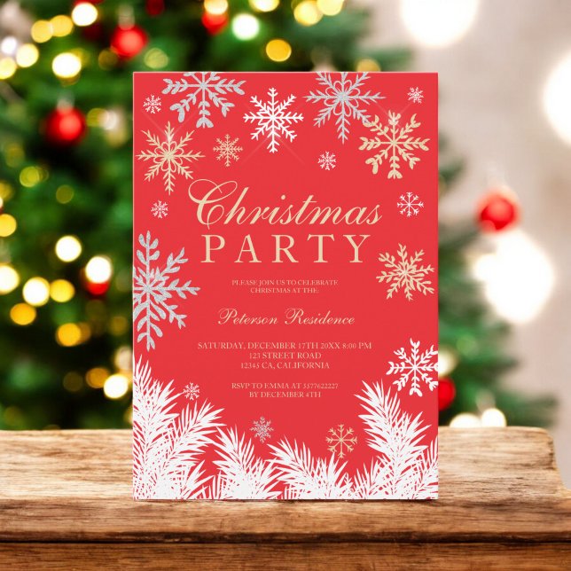 Modern snowflake pine red winter Christmas party Invitation (Modern snowflake pine red winter Christmas party Invitation)