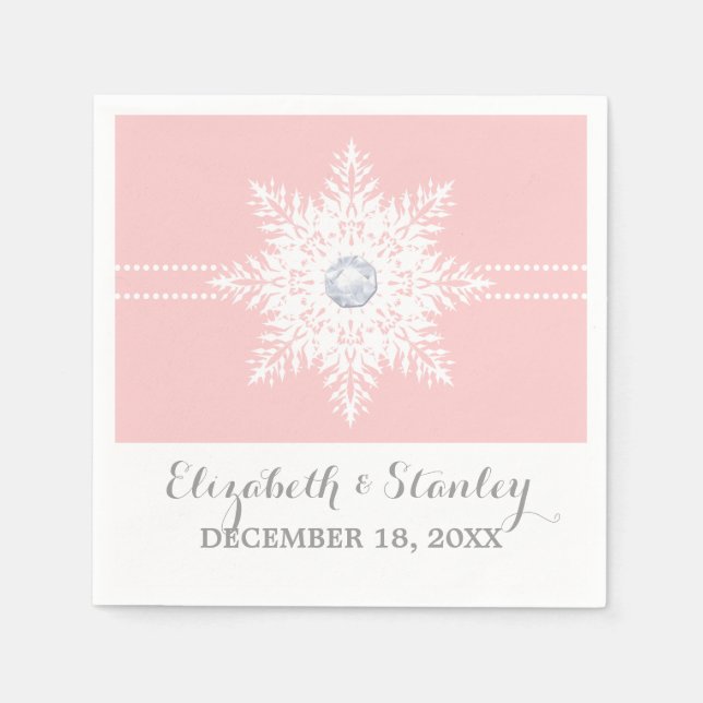 Modern snowflake pink, white winter wedding napkin (Front)