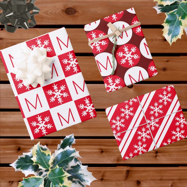 Modern Snowflake Red And White Add Monogram Wrapping Paper Sheet (Creator Uploaded)