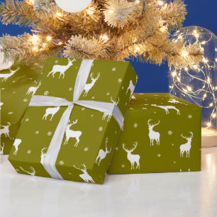 Modern Snowflake Reindeer Green Holiday Pattern  Wrapping Paper
