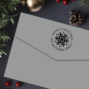 Modern Snowflake Round Merry Christmas Address Self-inking Stamp