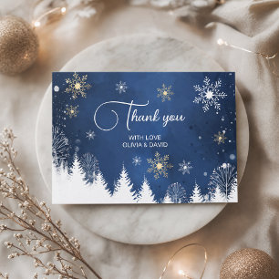 Modern Snowflake Winter Navy and Gold Thank You Card