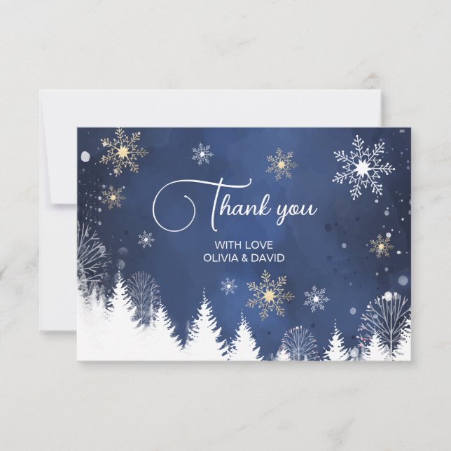 Modern Snowflake Winter Navy and Gold Thank You Card (Front)