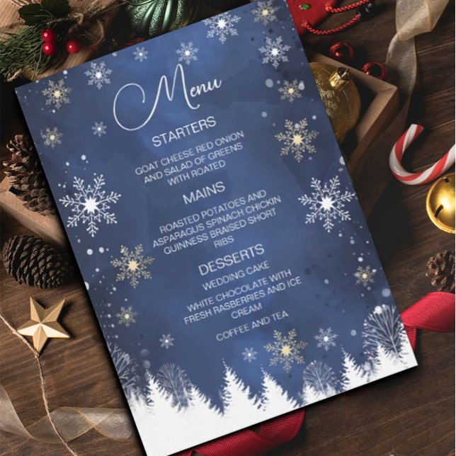 Modern Snowflake Winter Navy and Gold Wedding Invitation (#menu #zazzlemade #Christmas #holiday #flyer #holidayflyer #menucard #snowflakes #navyblue #gold)