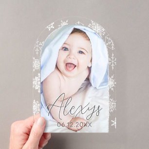 Modern Snowflake Winter Photo Birth Announcement