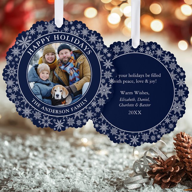 Modern Snowflakes Blue Happy Holidays Photo Tree Decoration Card (A greeting card that is also an ornament! Customize with your photo and personalized text.)