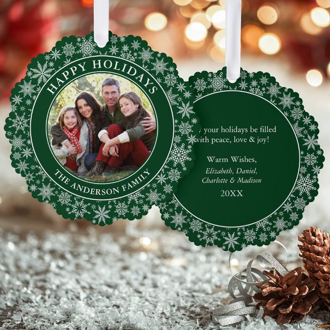 Modern Snowflakes Green Happy Holidays Photo Tree Decoration Card (A greeting card that is also an ornament! Customize with your photo and personalized text.)