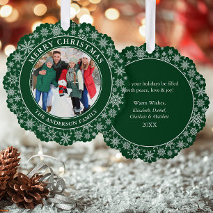 Modern Snowflakes Green Merry Christmas Photo Tree Decoration Card