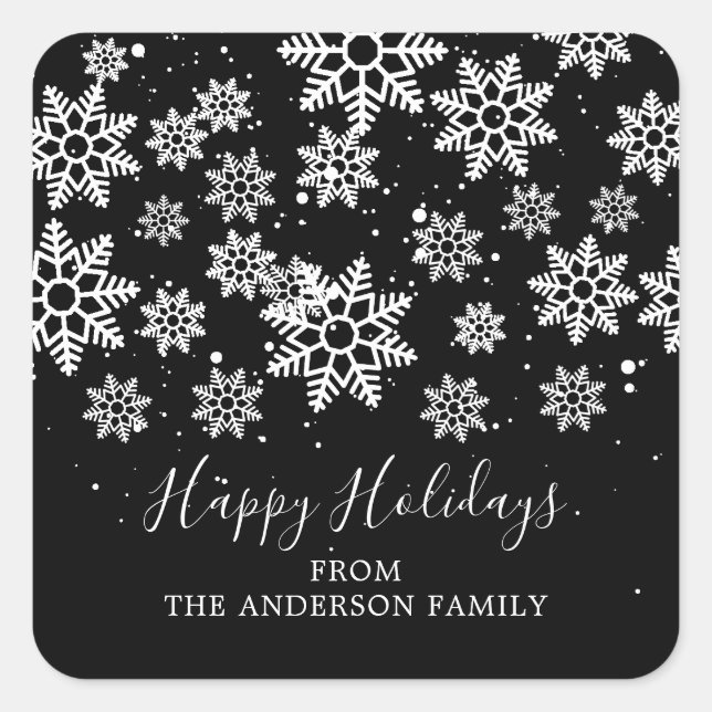Modern Snowflakes Happy Holidays Square Sticker (Front)