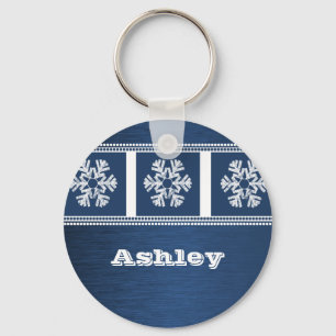 Modern Snowflakes Holiday Keychain, Royal Blue Key Ring