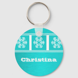 Modern Snowflakes Holiday Keychain, Teal Key Ring