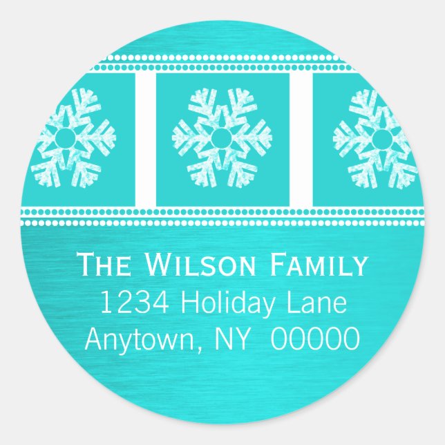 Modern Snowflakes Holiday Stickers, Teal Classic Round Sticker (Front)