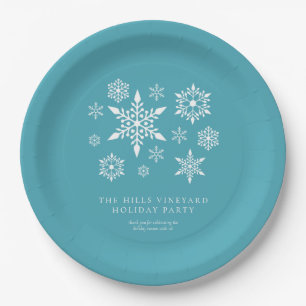 Modern Snowflakes on Blue Christmas Holiday Party Paper Plate