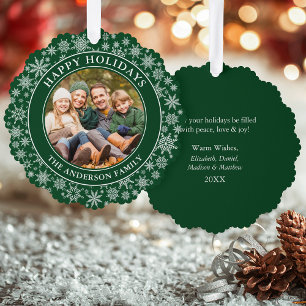 Modern Snowflakes Photo Happy Holidays Green Tree Decoration Card