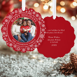 Modern Snowflakes Photo Happy Holidays Red Tree Decoration Card