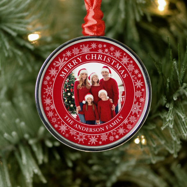 Modern Snowflakes Photo Merry Christmas Red Metal Tree Decoration (Tree)