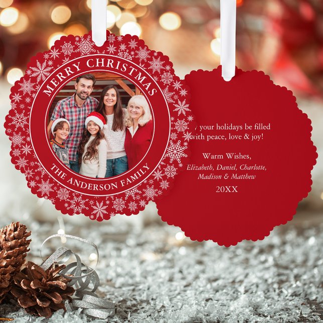 Modern Snowflakes Photo Merry Christmas Red Tree Decoration Card (A greeting card that is also an ornament! Customize with your photo and personalized text.)
