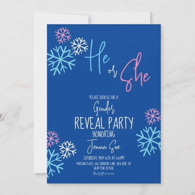 Modern Snowflakes Pink Blue Gender Reveal Winter Invitation (Front)