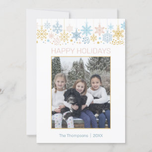 Modern Snowflakes Pink Blue Gold Christmas PHOTO Holiday Card