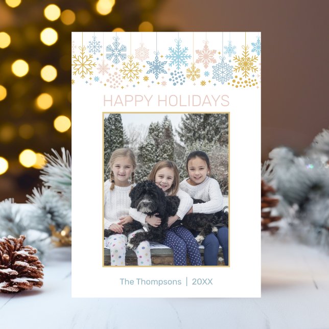 Modern Snowflakes Pink Blue Gold Christmas PHOTO Holiday Card (Modern Snowflakes Pink Blue Gold Christmas PHOTO Holiday Card)