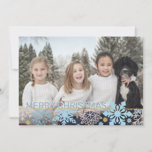 Modern Snowflakes Pink Blue Gold Christmas PHOTO Holiday Card